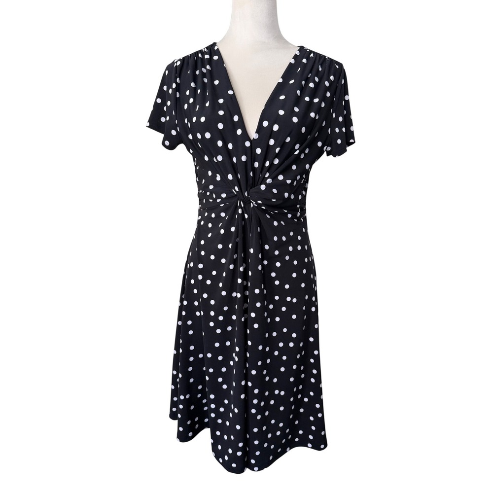 Lord & Taylor Petite Black White Polka Dot Twist Front V-Neck Dress PM